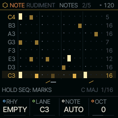 RUDIMENT on FM6, NOTES: an accent fills its cell, a plain hit sits low, each row stops at its LEN.