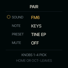The PAIR page: FM6 with KEYS, its preset, and MUTE.